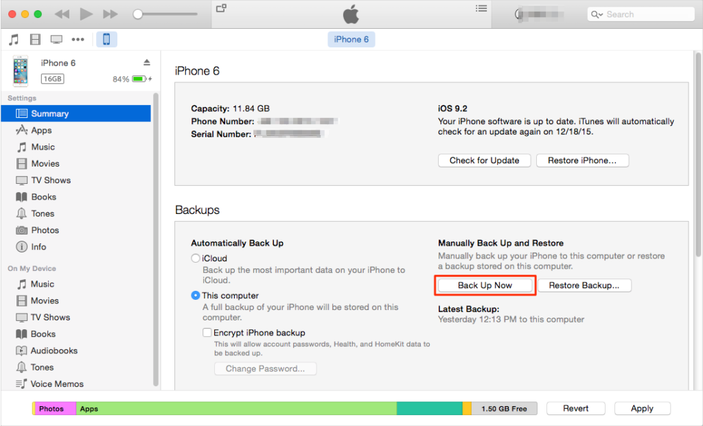Backup iPhone 12 via iTunes